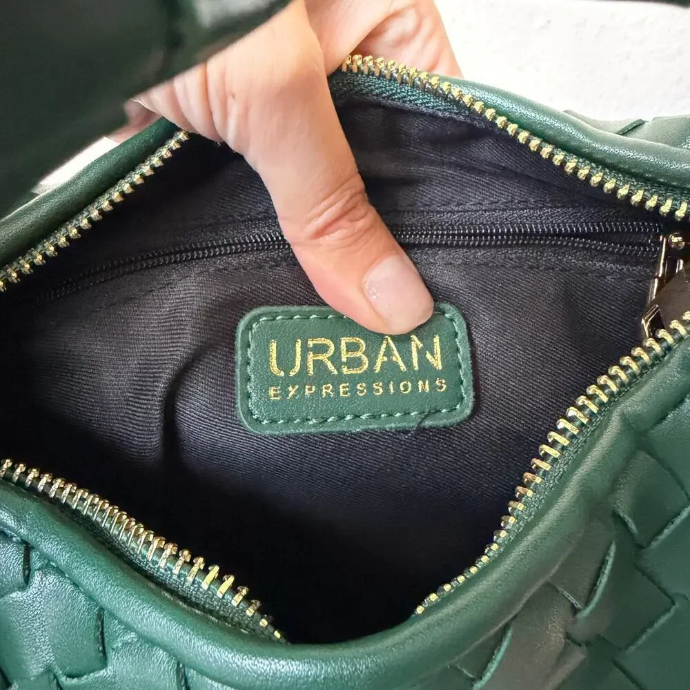 Urban Expressions Dark Green Woven Faux Leather Handbag NEW